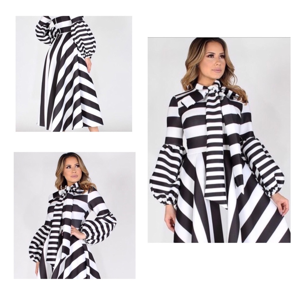 Women Stripe Puff Sleeve Bow Dress